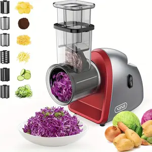 Electric Cheese Grater with 6 Different Shapes Of Blades for Home Kitchen Use, Salad Machine, 250W Salad Shooter Electric Slicer for Vegetables, Fruits, Cheeses, Gray fresh cheese non-slip suction base