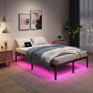 Metal Bed Frame-with Color changing RGB Lights，Simple And Modern Metal Platform Bed Frame, Storage Space Under The Bed Heavy Duty Frame Bed, Sturdy Bed Frame, 14 Inch