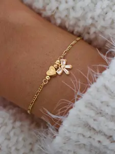 1Pcs Heart Initial Artificial Crystal Bow-knot Women Bracelet, Heart Design Bracelet, Simple Classic Golden Stainless Steel Figaro Chain Bracelet For Women