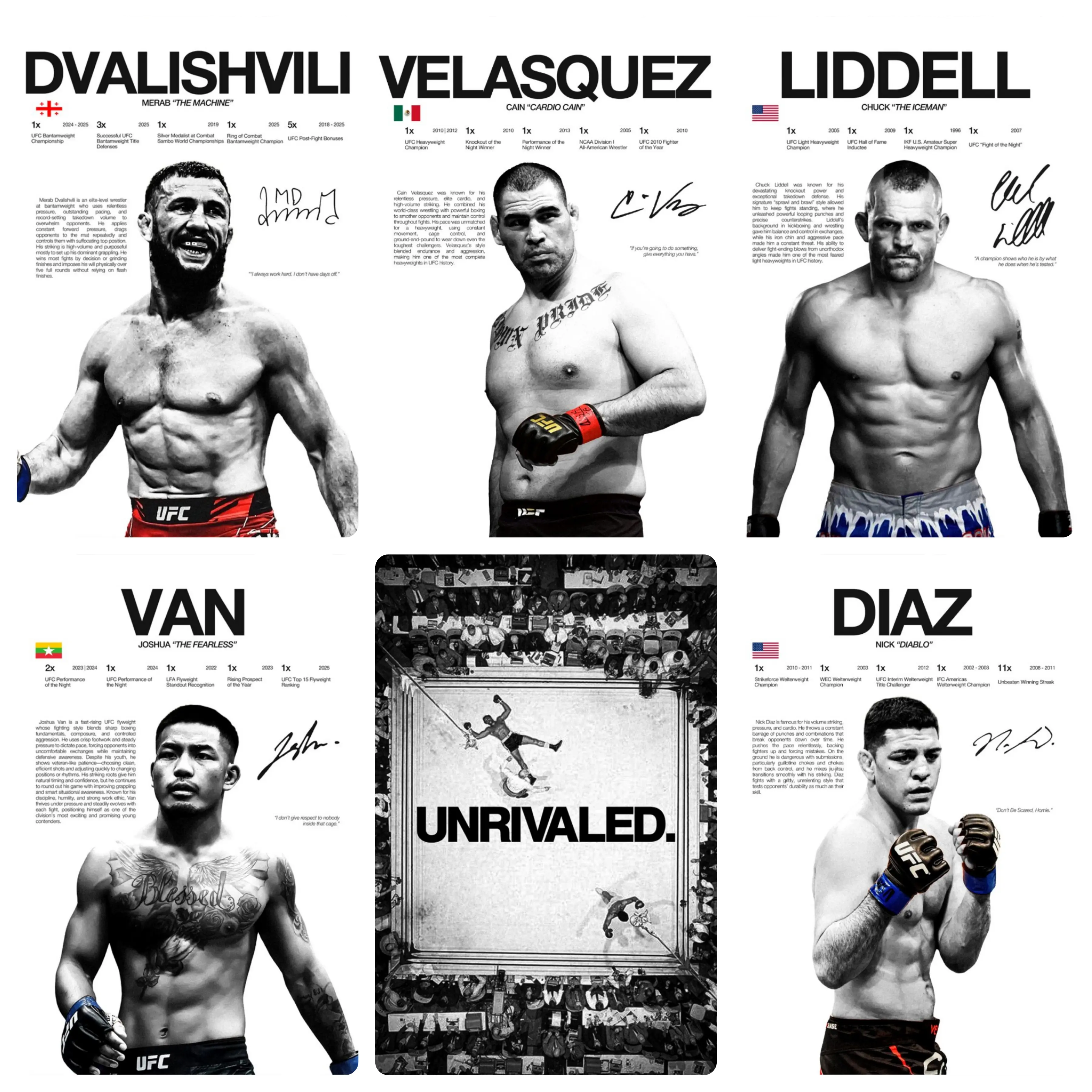 UFC Fighters Career Stats Canvas Poster - Velasquez, Liddell, Dvalishvili Signature Design, Vintage Black-White Honor Stats & Classic KO Moment Mural Art, Men's Gym & Bedroom Wall Decoration, Show Off Your Fight Fandom