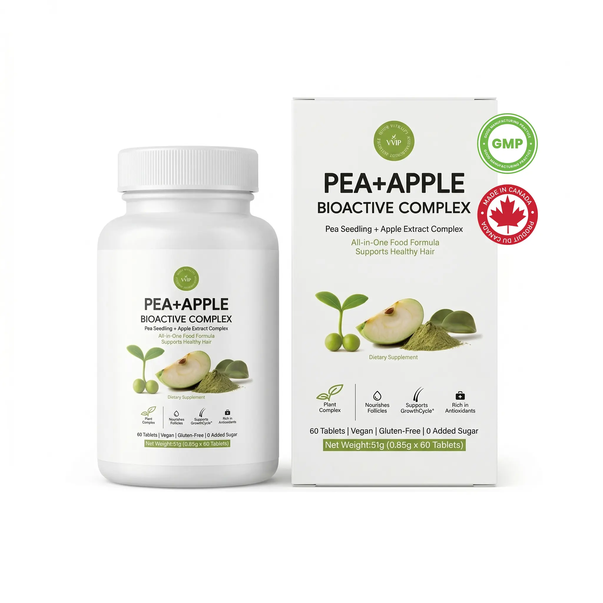 YVIP PEA+APPLE Hair Support Supplement, Plant-Based Daily Hair Nutrition, Vegan Hair Wellness Tablets, 60 Count