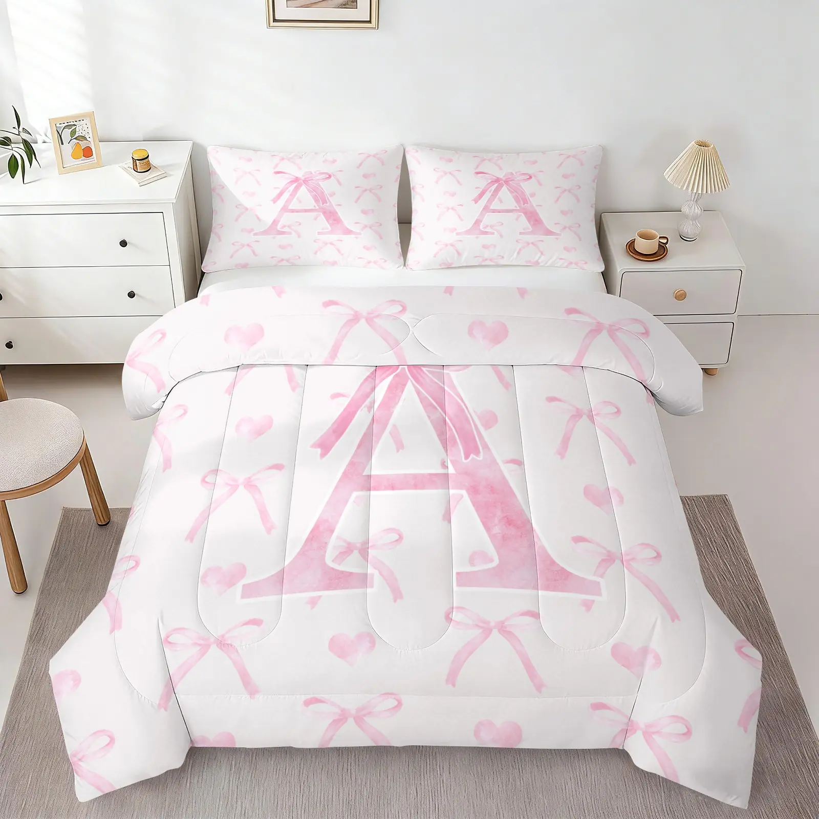 2/3pcs Coquette Pink Bow Initial A-Z Comforter Set, Soft Microfiber Quilt Bedding Set with Pillowcases, Cute Watercolor Heart Print Bedspread for Teen Girls Bedroom, All-Season Lightweight, Aesthetic Room Decor
