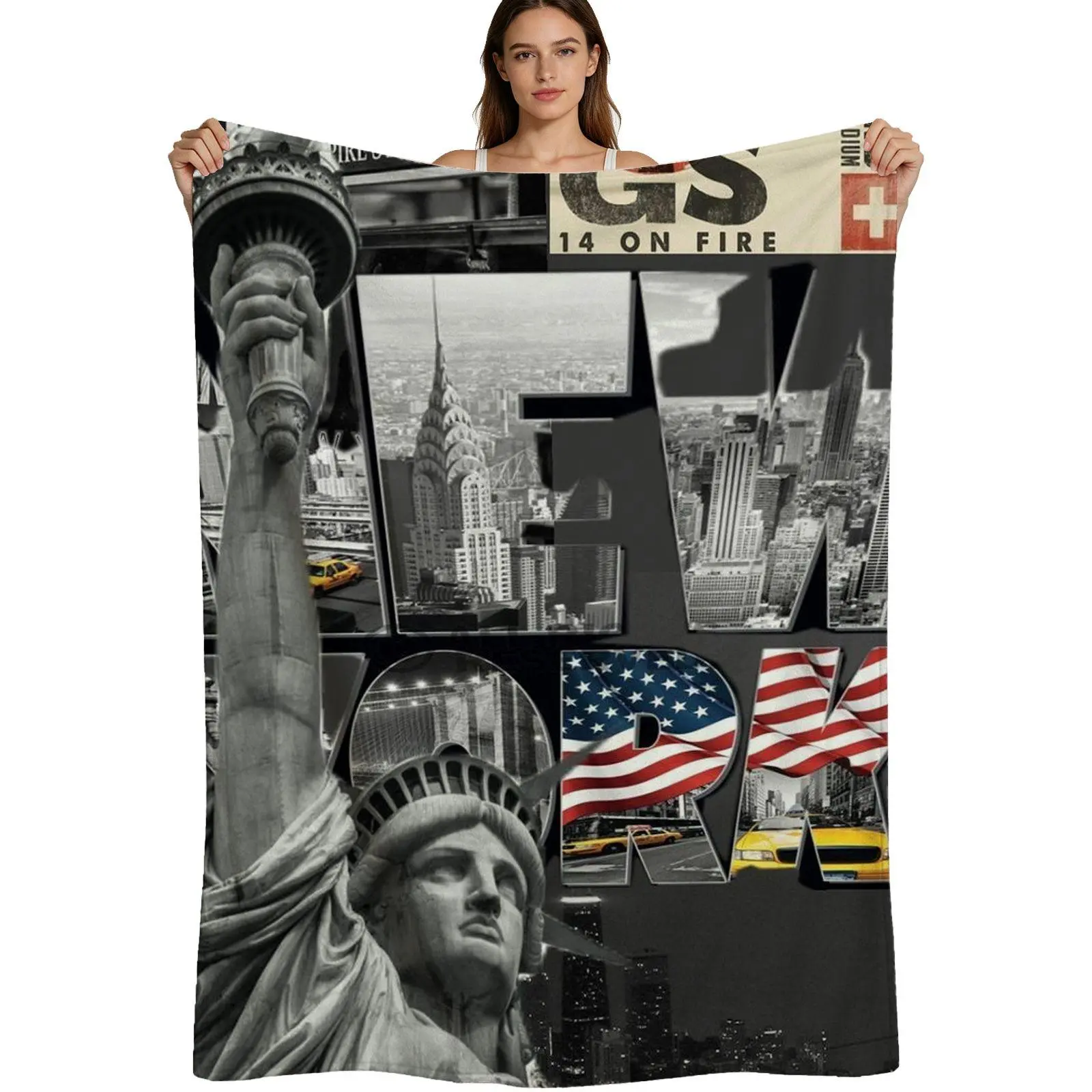 New York City Style, Warm Flannel Blanket, Statue Of Liberty And Skyline Collage Print, Soft Fleece Fabric With Vibrant Colors, For Travelers And Urban Decor Lovers, 4 Sizes Available Single Pack