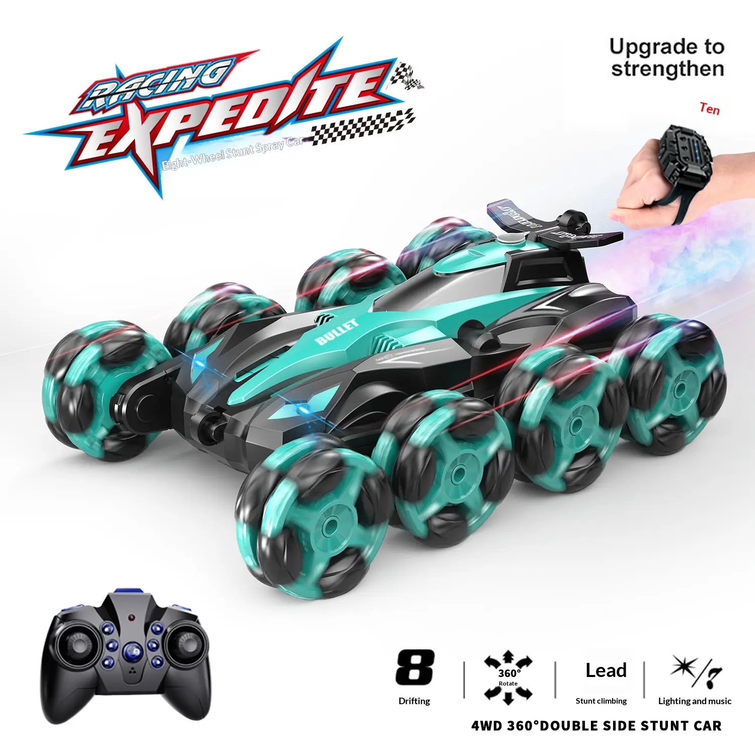 TikTok Hot RC Stunt Car - 8-Wheel Gesture Sensing Remote Control Vehicle with Music, Spray Light, Drift, Off-Road Climbing, Rolling Features, 27*16*7cm, 24pcs Lighting Components, Kids' Birthday Gift Toy