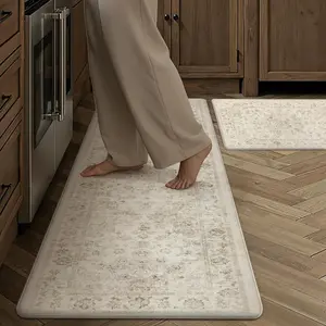 2PCS Anti Fatigue Kitchen Mats, Beige Vintage Waterproof Non-Slip Cushioned Comfort Standing Floor Rugs for Sink Laundry Office, 17.3"*47"+17.3"*30"