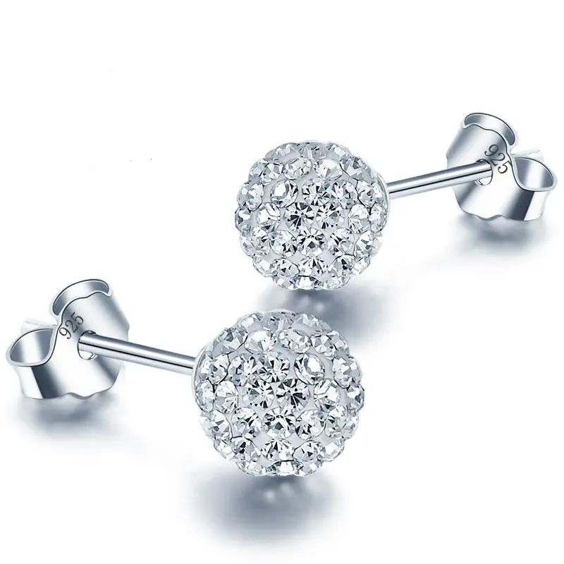 6/8/10mm White S925 Stamp Plata Color Earrings Micro Disco Balls Crystal Stud Earring Safe To Skin Women Jewelry