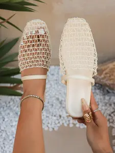 New European and American style bottom strap fishing net flat sandals, Roman shoes new hollowed out comfortable beach sandals, fashionable thick soled half slippers for women Unique Sandals