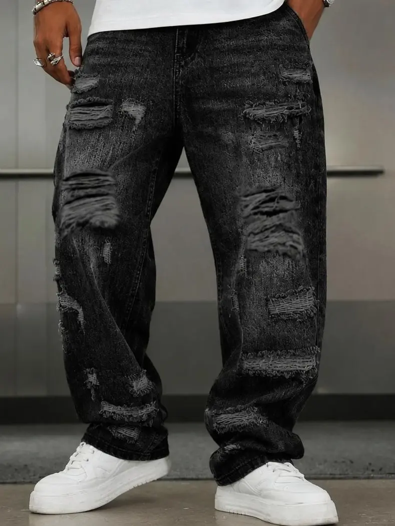 Men’s Y2K Baggy Jeans Vintage Washed Distressed Ripped Patchwork Denim Pants, Loose Fit Streetwear Jeans for Casual Daily Wear and Weekend Outfits