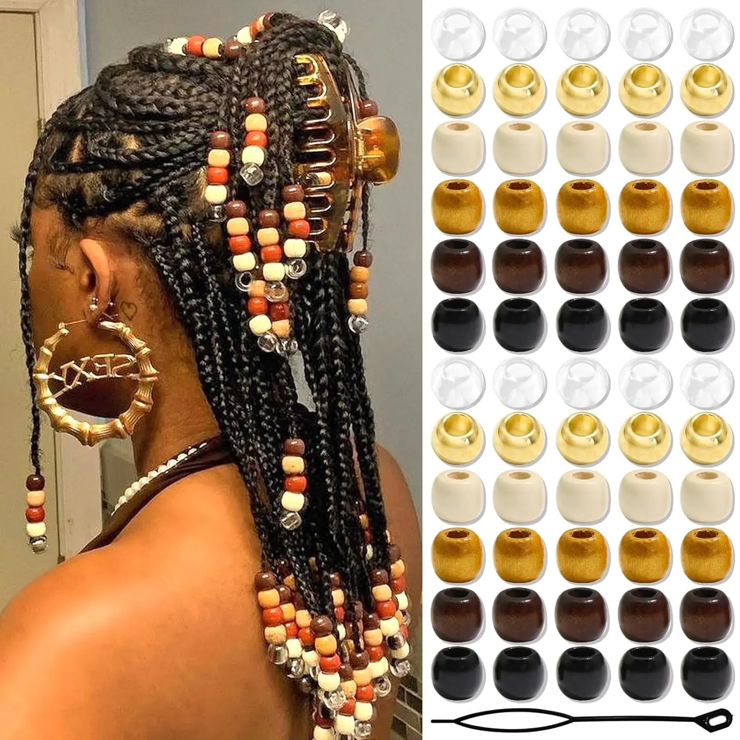 60Pcs Wooden Hair Beads for Braid 6 Color Hair Jewelry Braids Loc Dreadlock Accessories Hair Tube Decoration Cute Braids Decoration Jewelry Making Kit Braid Clips for Women and Men