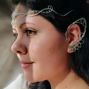 SoulCraftera Lotus Bloom Bundle Handmade Circlet with Crystal Bead Accents & Lotus Elf Ears Set for Fantasy Costumes Unisex Aluminum Tarnish Resistant Wire Adjustable Ribbon Tie