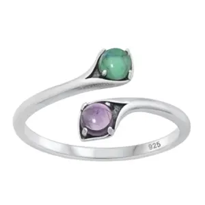 Silver Genuine Amethyst And Turquoise Wrap Ring - Oxidized 925 Sterling Silver