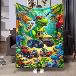 Cartoon Dinosaur Pattern Blanket 1 Count Soft and Comfortable Air-conditioned Room Flannel Throw Warm Nap Blanket for Home & Office with Colorful Dinosaurs and Cars Design