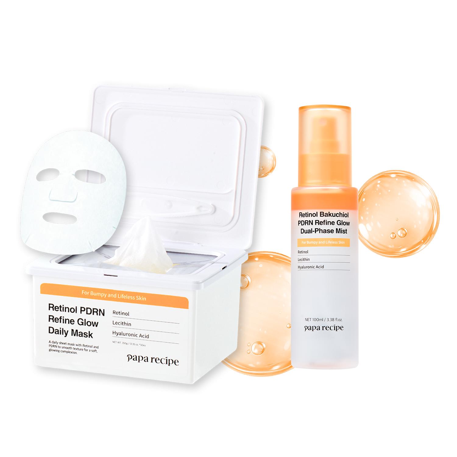 Papa Recipe Retinol PDRN Refining Duo Set – Dual-Phase Mist & Daily Sheet Mask Bundle, Smooth Texture & Glow Care, Instant Glow, Deep Hydration, Lightweight Korean Skincare