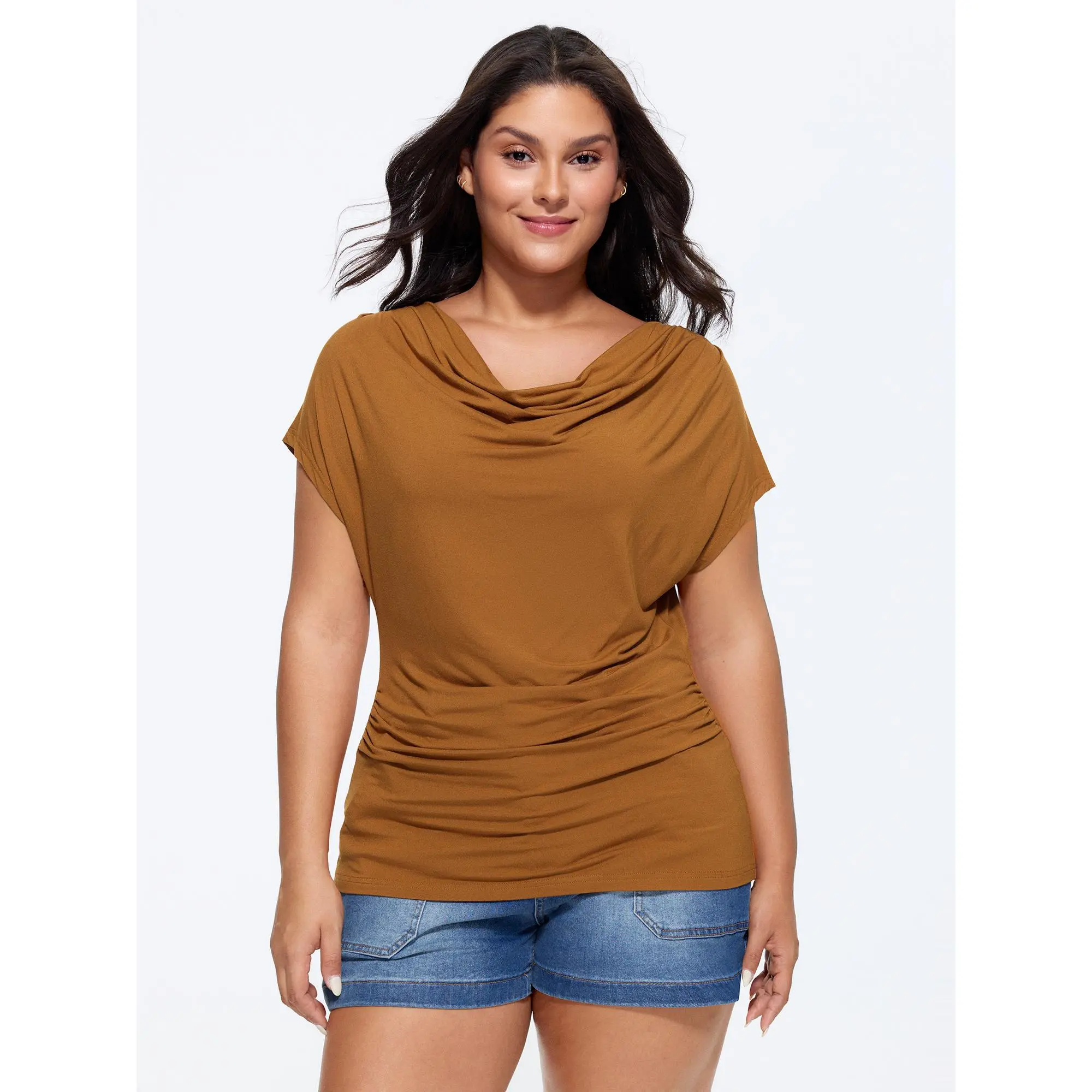 BloomChic Women's Plus Size Casual Cowl Neck Top with Short Dolman Sleeves and Ruched Fit Details in a Solid Supersoft Rayon Spandex, Garment, Shortsleeve, Lady, Blouse, Casual Wear, Elastane, Rayon Blend, Regular Length