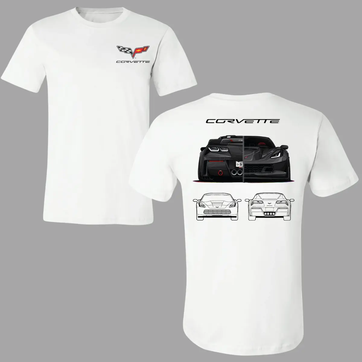 180g[100%cotton]Corvette Car Graphic T-shirt, 2 Sides Print Featuring Blacked-Out C7 ZR1 with Line Art Front View Design, Muscle Car Streetwear for Men & Women, Streetwear, Vacation Outfits, Summer Deals