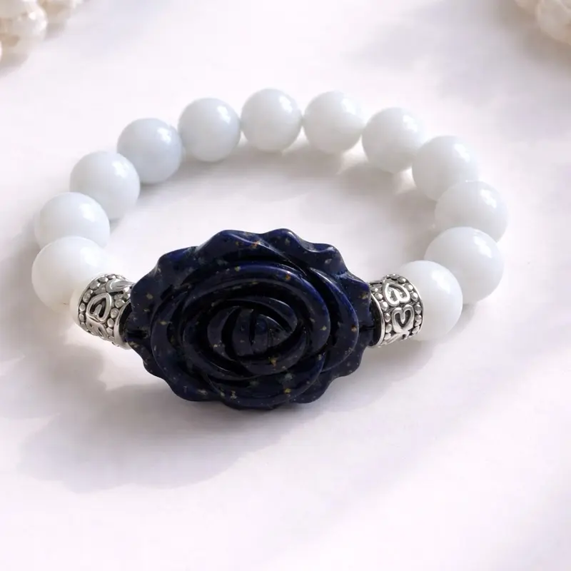 Handcrafted Lapis Lazuli & Blue Chalcedony Gemstone Bracelet - Natural Beauty Semiprecious Stone Jewelry Accessory with Bold Focal Point, Comfortable Stretch Fit, Daily