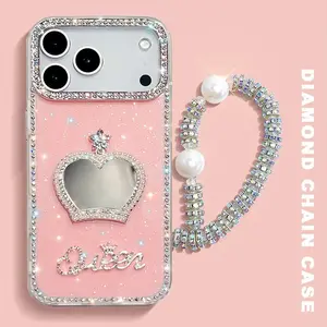 3D Diamond Chain Wrist Straps Queen Letter Mirror Case For iPhone 17 Air 16 15 14 13 Pro Max 16 Plus 16E Cover