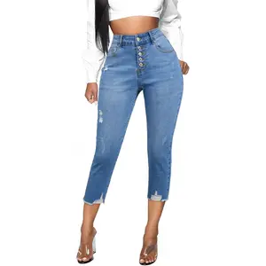 Sidefeel Women's High-Waisted Distressed Cropped Jeans with Button Front & Frayed Hem, Stretch Slim-Fit Denim Pants for Casual Chic Style