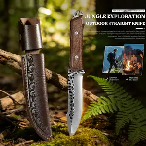 Professional chef knife | Jungle Exploration Outdoor Straight Knife | Wood Handle Sharp Blade with Leather Sheath for Camping & Hiking Block Kitchen Wooden