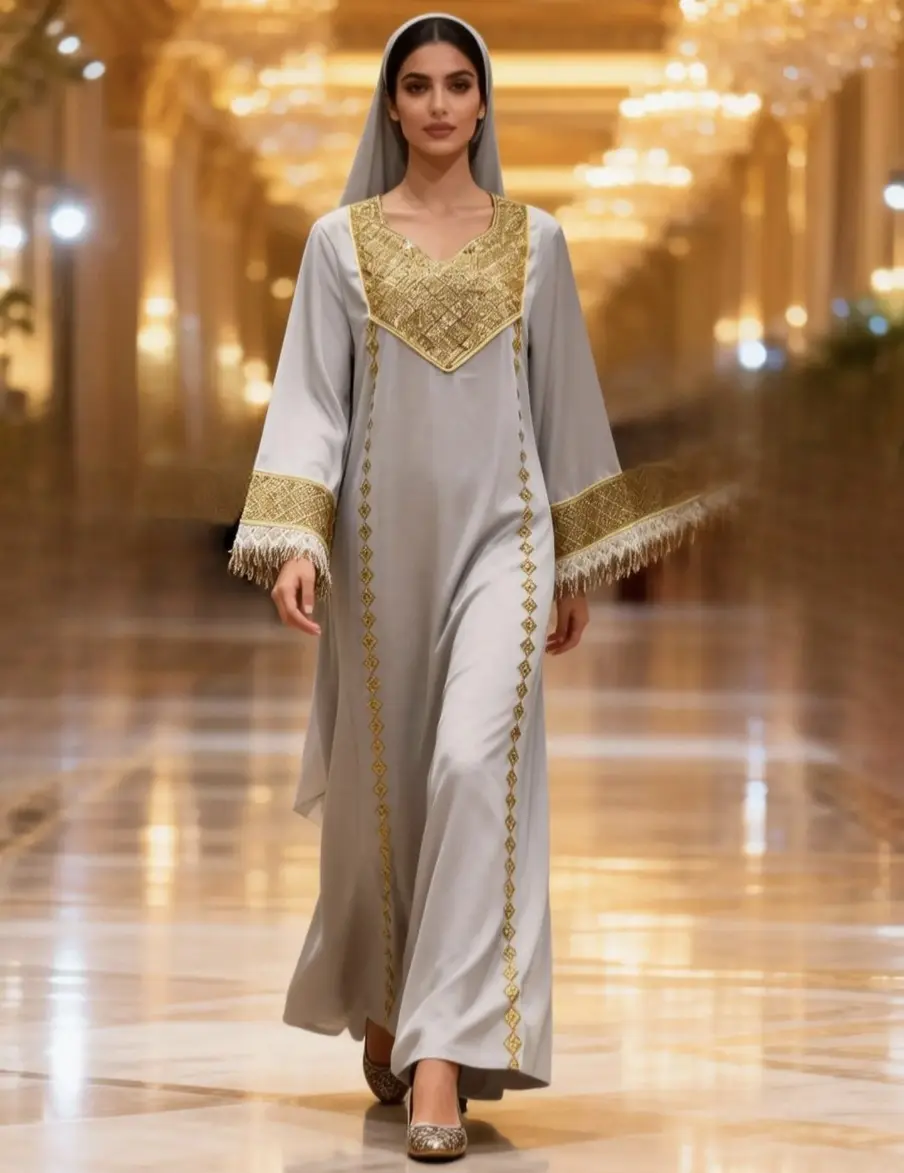 New Modest Evening Party High Quality Dress with Gold Embroidery and Tassel Sleeves for Elegance Fabric Formal