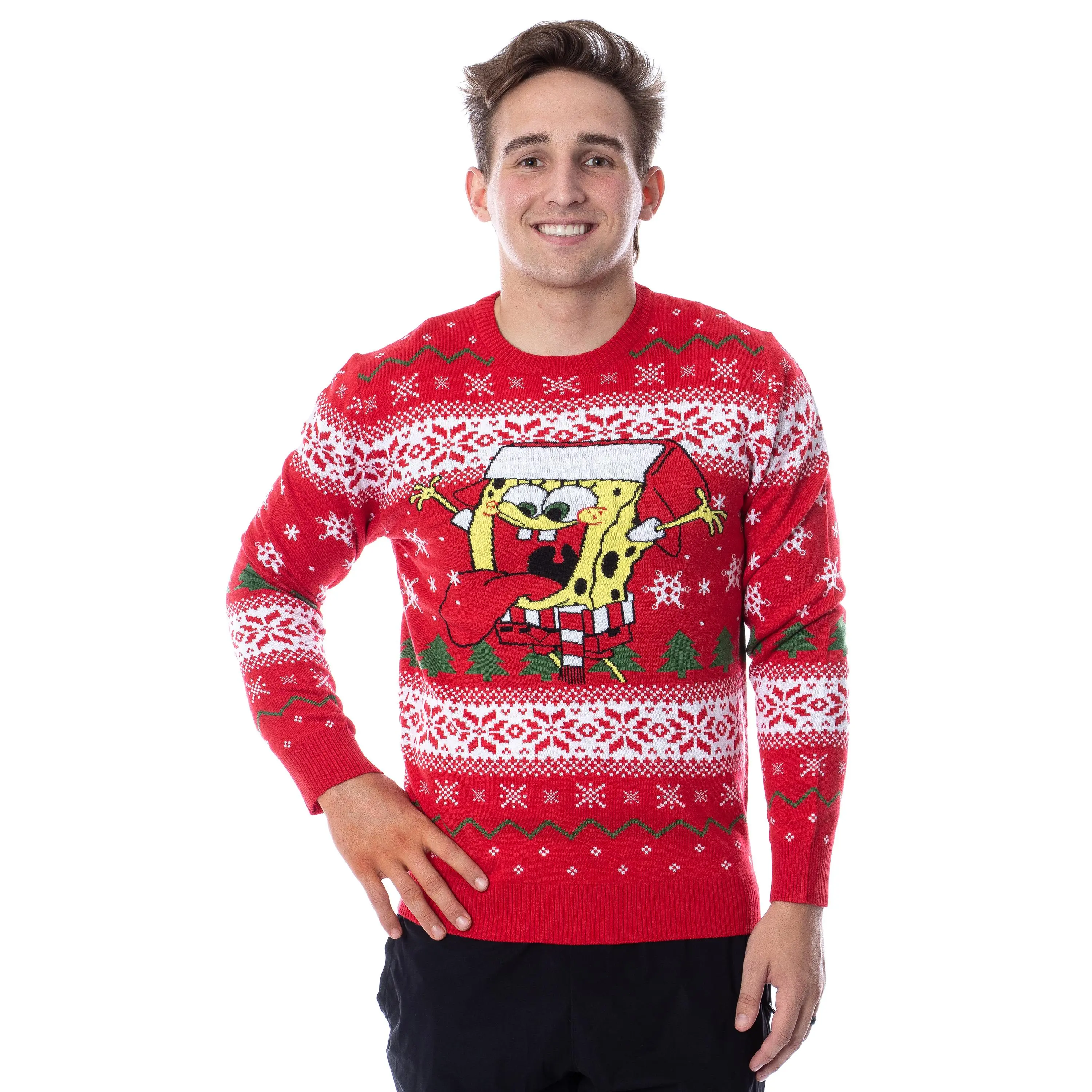 Nickelodeon SpongeBob SquarePants Men's Snowflake Catching Ugly Sweater for Christmas Holiday Knit Pullover