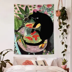 Cat & Fish Pattern Tapestry, Plant & Flower Pattern Wall Hanging, Wall Art Decoration for Home Living Room Bedroom, Tapestry Wall Mural