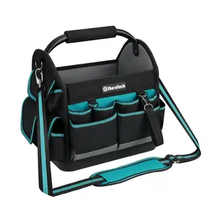 DURATECH 12 Inch Tool Tote with Waterproof Hard Bottom, Electrician Tool Bag with Rotating Handle, Open Top Tool Bag Wide Mouth Multi-Pockets, Tool Carrier for Mechanic Plumber Electrician HVAC