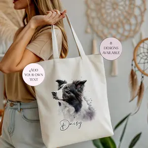 Watercolour Border Collie Tote Bag with Long Handle - Personalised Shopping bag for Her. #1618