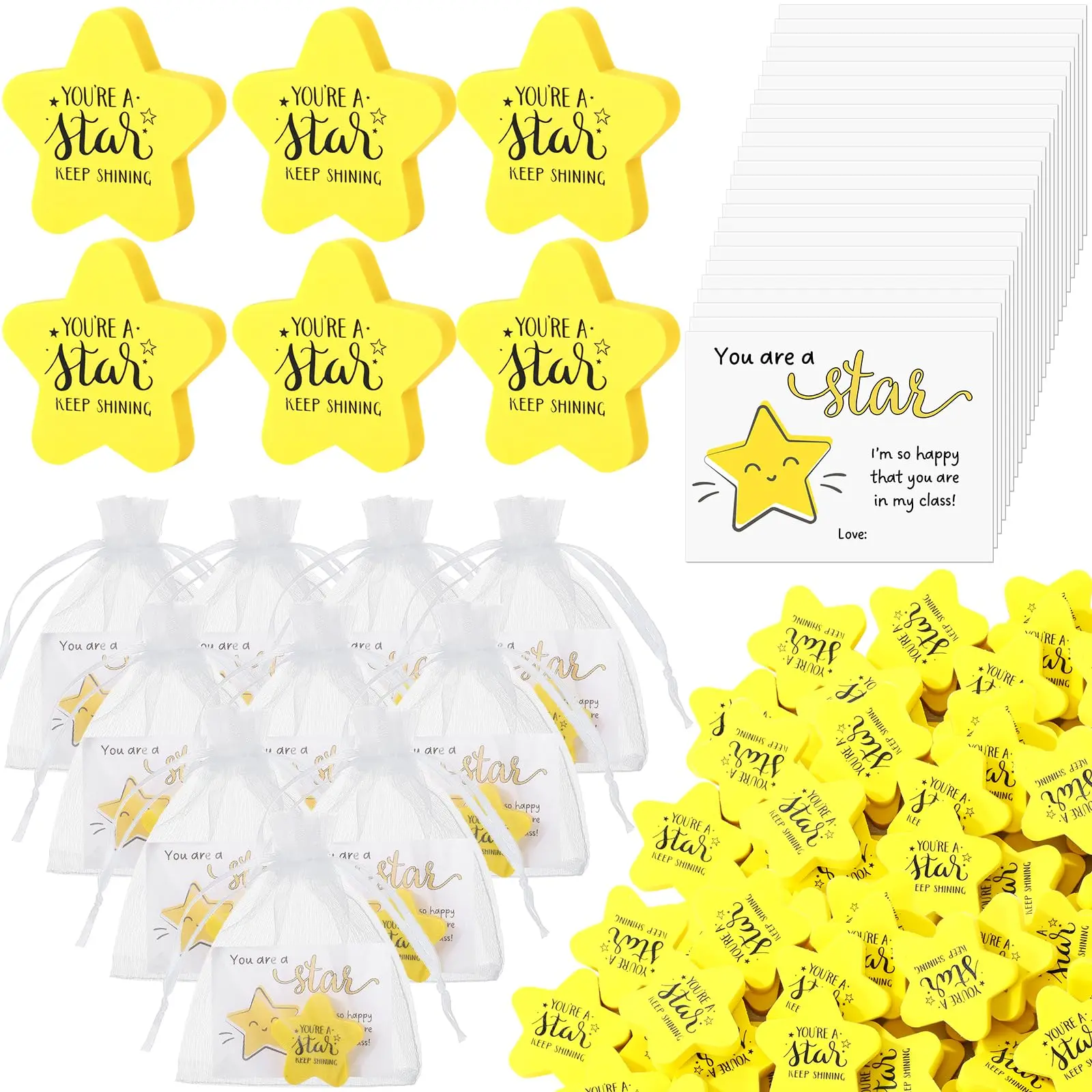 [Back to School Idea]25 Sets Back to School Inspirational Star Erasers with Motivational Cards and Organza Bags,Classroom Rewards for Students, Teacher Prize Box Gifts, First Day of School Favors, Student Incentives, Class Party Gifts and School Supplies