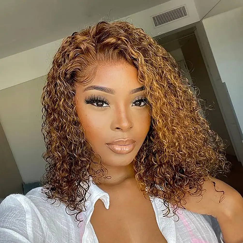 Honey Blonde Short Curly Bob Wig Human Hair Ombre Lace Front Wigs Human Hair Pre Plucked 13x4 Highlight HD Lace Frontal Wig 200% Density 4/27 Colored Deep Curly Virgin Wigs for Women(12 Inch)