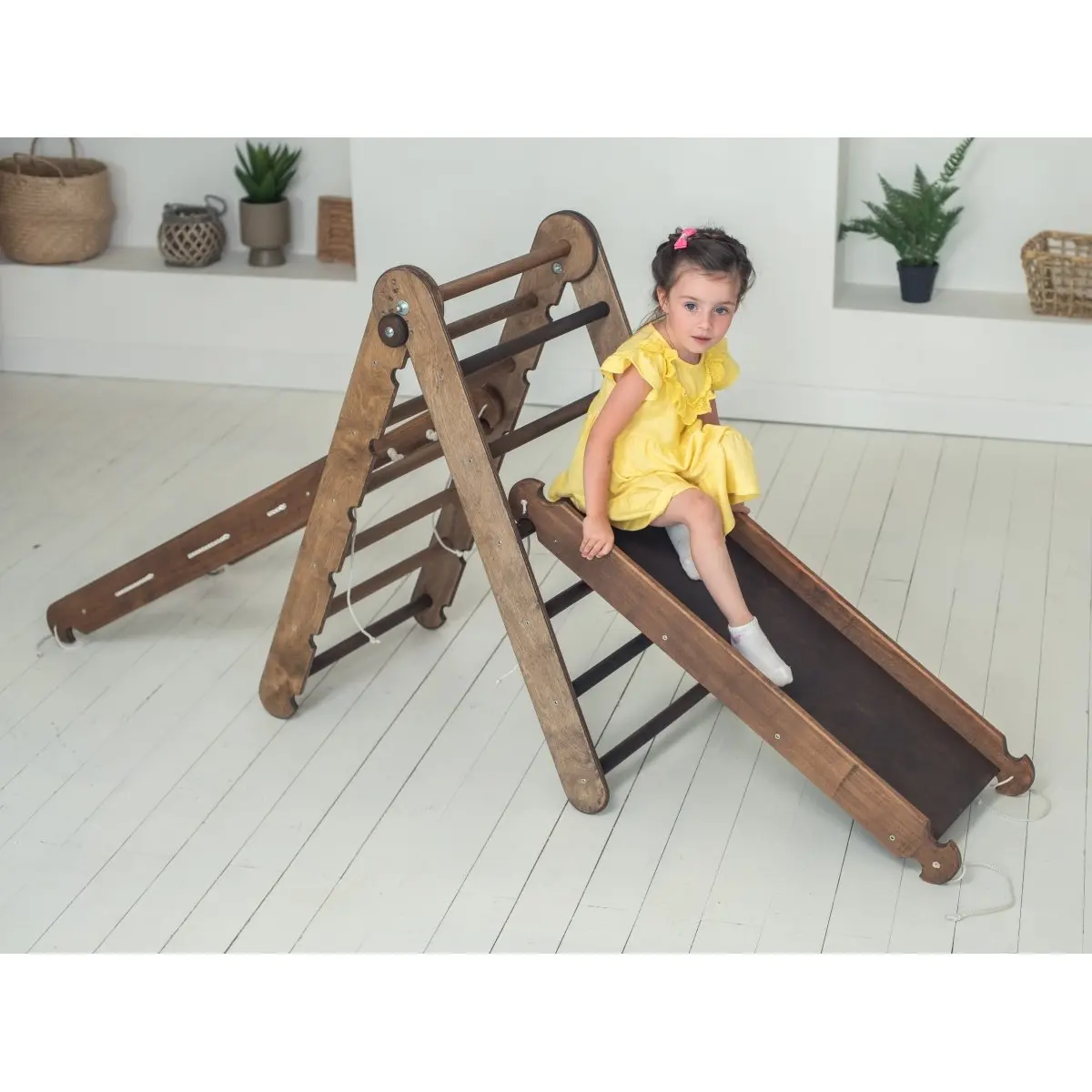 3in1 Montessori Climbing Set: Triangle Ladder + Slide Board + Net – Chocolate