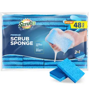 SCRUBIT 48 Pack Kitchen Sponges - Dual Sided Dish Sponge - Ideal for Washing Dishes, Kitchen & Bathroom – Blue & Yellow Dishwashing Sponges Along with A Thought Scrubber – Bulk Cleaning sponges Kitchen