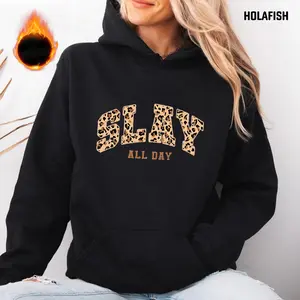 Holafish Women's Oversized 'Slay All Day' Leopard Print Hoodie - Black Casual Long Sleeve Sweatshirt with Pockets & Fleece Lining for Winter Wear