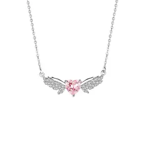 EJG Women's 925 Sterling Silver Wing Necklace, Pink Heart Zircon Wing Pendant Jewelry, Elegant Anniversary Christmas Birthday Gift, Durable Hypoallergenic