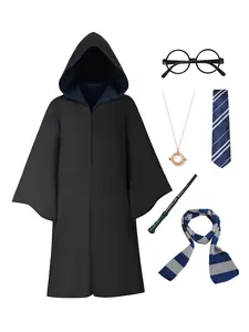Unisex hooded robe cloak costume for adults and kids, Halloween, for women and men, includes round-framed glasses, tie, striped knit scarf, magic wand, and necklace; 6-piece Set