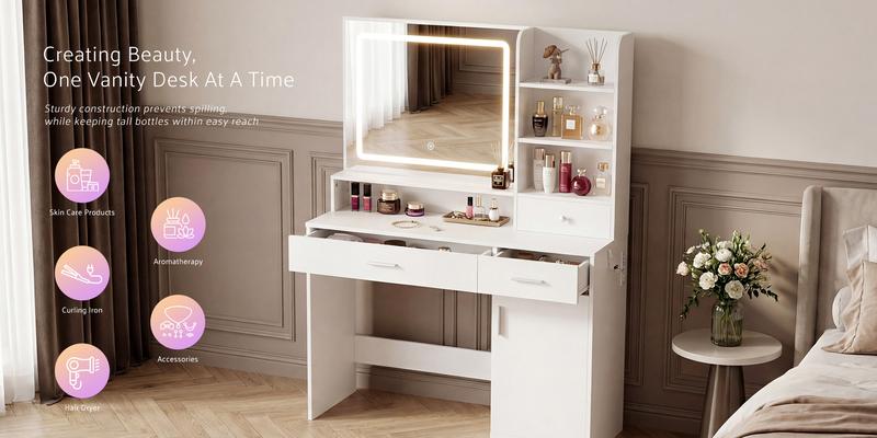 Makeup Vanity Desk with Mirror and Lights, Power Outlet & Adjustable RGB LED Lights, Dressing Table with Storage Shelf for Women & Girls Bedroom
