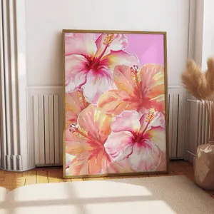 Hibiscus Flower Hawaiian Print Aloha Lily Floral Artwork Decor Wall Art Retro Art Print Preppy Room Decor Pink Flower Hawaiian Poster, Room Decor, Unframed