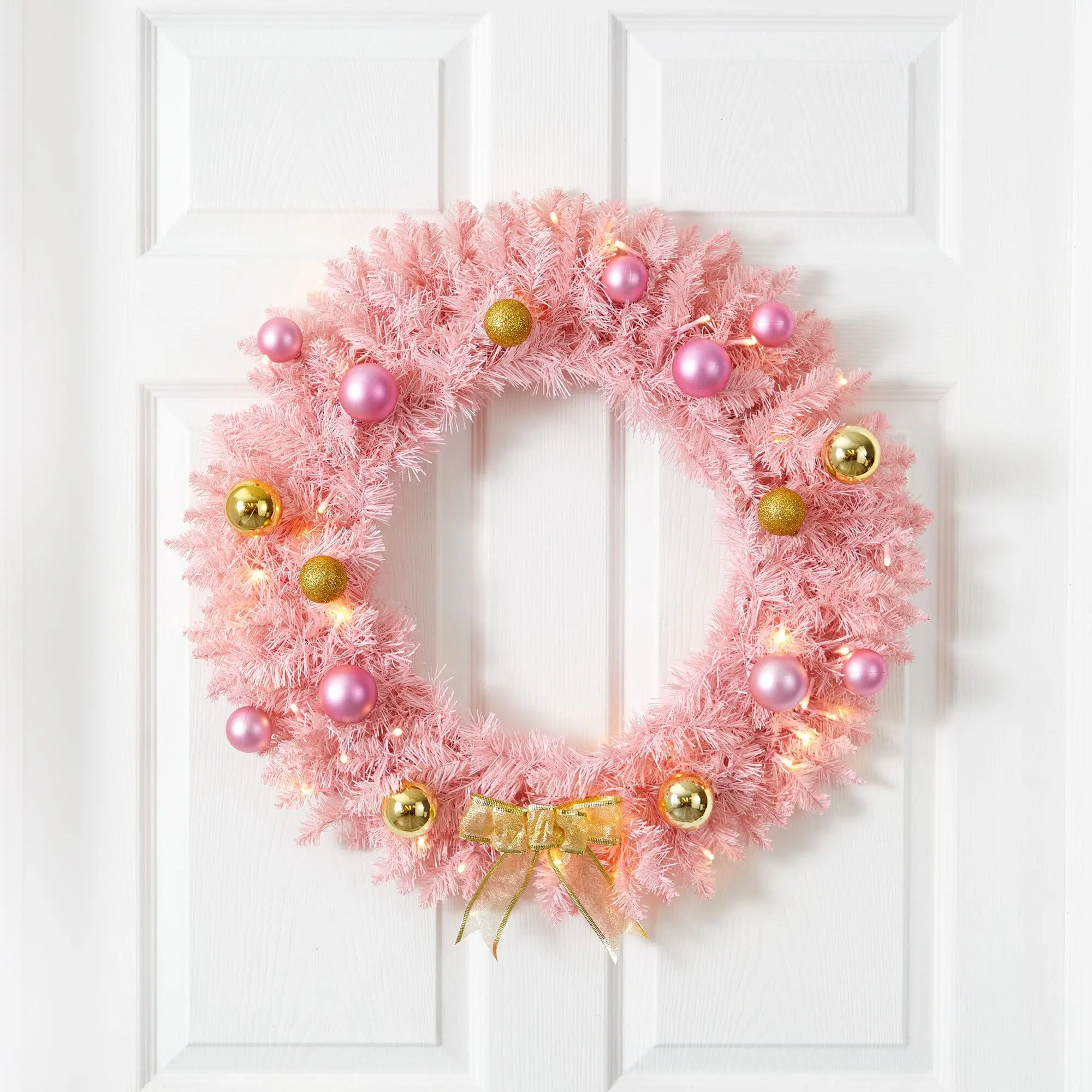 24-in Circumference Pink Pre-Strung Artificial Christmas Wreath Decoration - 35 LED Party Lights, Candy-Hue, Golden Oversize Bow Home Ornament for Curb-Side Appeal (24 inches)