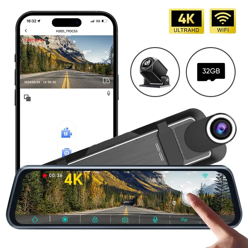 4K Car DVR, Car Rear View Mirror DVR, Car Rear View Mirror Camera, Car Dash Cam with 32GB Card, Car Electronics Accessories