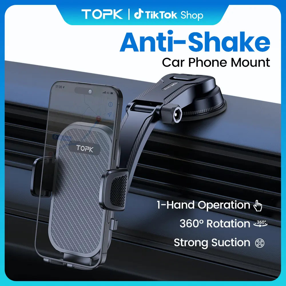 TOPK Upgraded Cell Phone Car Mount, 360° Rotatable Dashboard Multifunctional Phone Holder for Car, Secure Smartphone Mount Compatible with iPhone & Android, Car Phone Mount