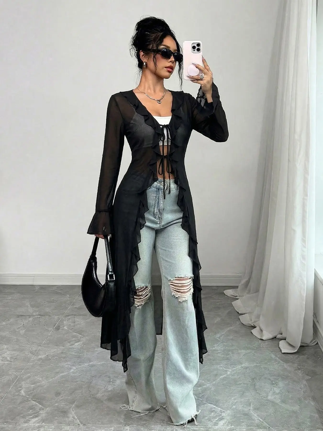 Women's Fashion Elegance Lace Loose Long Shirt, Lightweight Transparent Sun Protection Top, Spring & Fall Outerwear, Long Sleeve, Loose-Fitting, Womenswear