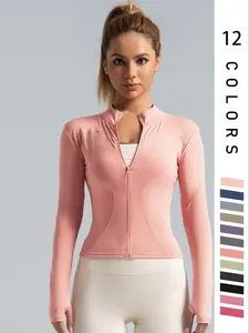 Women's Solid Zip Up Thumb Hole Sports Outwear, Quick Drying Breathable Long Sleeve Sports Top, Ladies Sportswear for Indoor Outdoor Wear, Sports Yoga Jacket