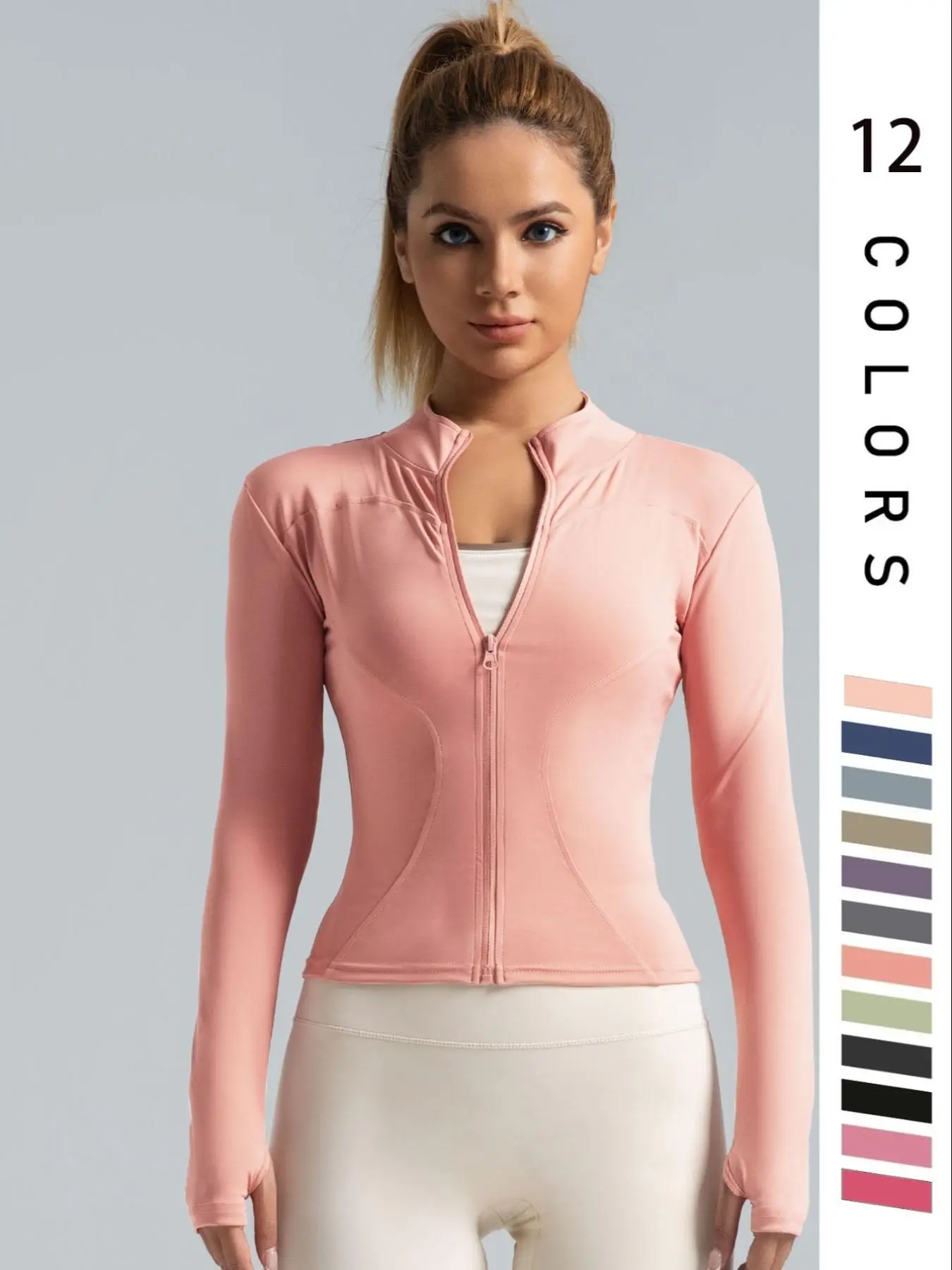 Women's Solid Zip Up Thumb Hole Sports Outwear, Quick Drying Breathable Long Sleeve Sports Top, Ladies Sportswear for Indoor Outdoor Wear