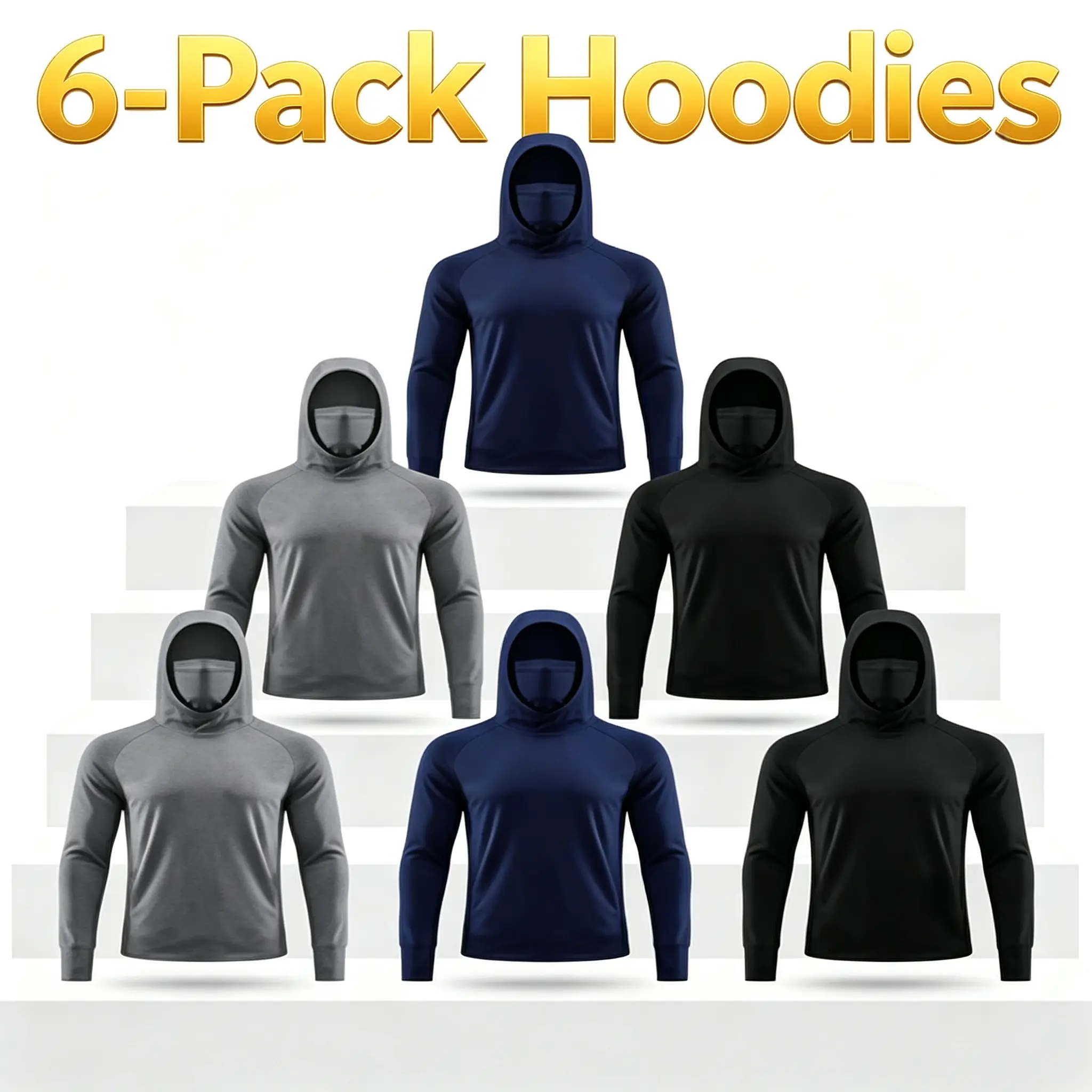 Men's 6-Pack Performance Hoodie Athletic Clothes - Built-in Full Head Cover, UPF 50+ Sun Protection, Quick-Dry Polyester Compression Shirt, Long Sleeve Slim Fit, Flexible Fabric, All Seasons Fitness Apparel Casual Fitness Wear Activewear Running Tops