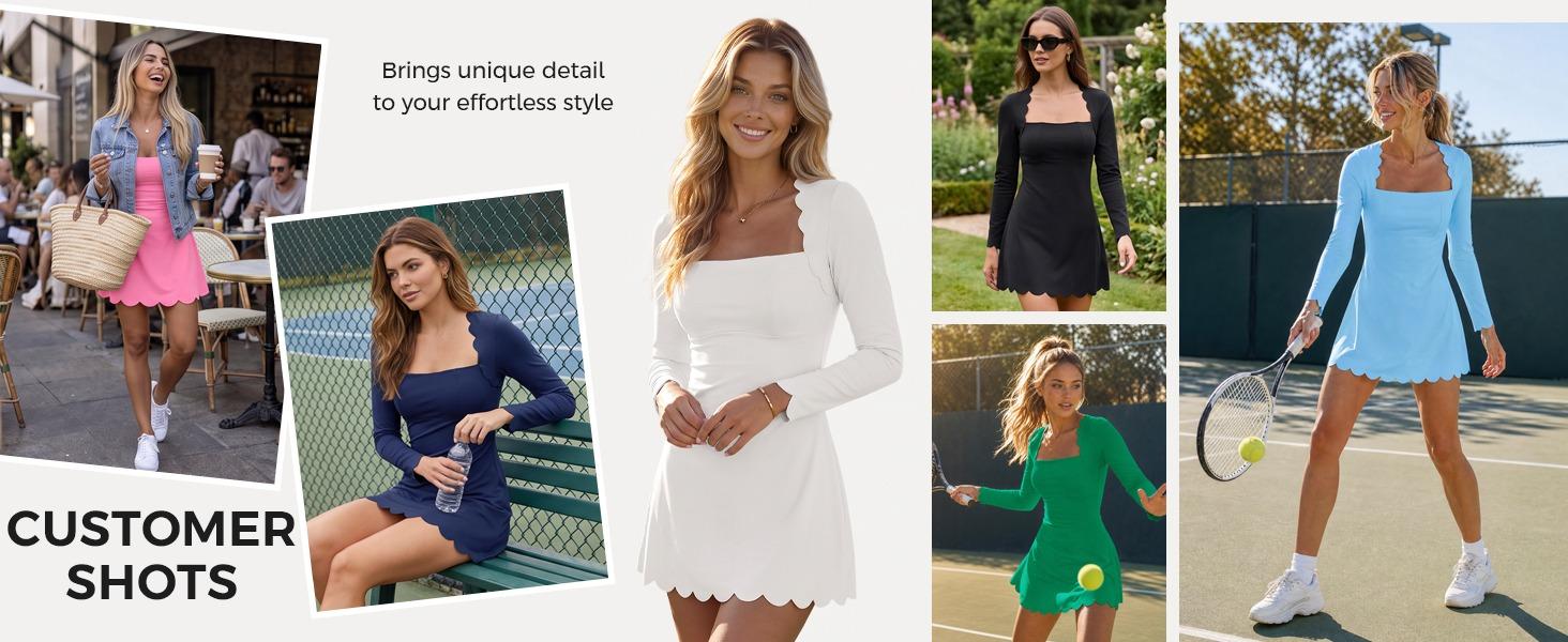 Fisoew Women's Scalloped Square Neck Mini Dress, Long Sleeve Bodycon Fit Flare A Line Short Dress Solid Cute Club Party Skater Dress