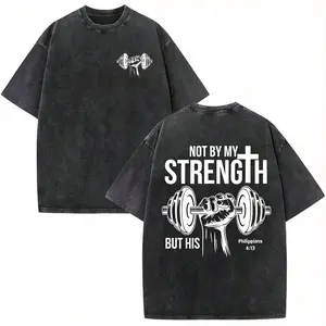 Not By My Strength Christian Gym T-Shirt Philippians 4:13 Graphic Tee – Men’s Double Sided Washed Cotton Shirt for Workout, Gym, Church, Daily Wear – Father’s Day Gift for Dad, Fitness Lovers & Believers