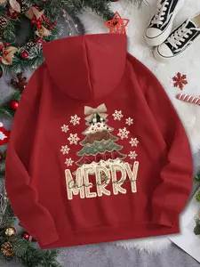 Women's Vintage Patchwork Hoodie, Merry Christmas Holiday Design, Trendy Fall & Winter Casual Fitted Sweatshirt