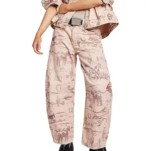 Women Boyfriend Baggy Barrel Jeans Floral Print Denim Ankle Pants Wide Leg Mid Rise Jeans Sweatpants Y2k Patchwork, popular leopard print jeans, trendy casual loose versatile breathable long pants