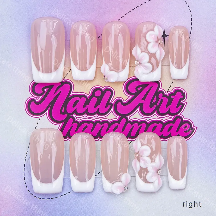 Delicatething Y2K Style Nail Set, Handmade Press On Square Nails, French Design, Flower Design Nails, Includes Adhesive Jelly, Dead Skin Pusher, Perfect Gift for Women, Gift Option, Nail Art Diy