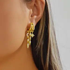 Dangle Earrings For Women,Dainty Hypoallergenic Small Triple Huggie Hoop Earring Gothic Cute Cross Moon Star Drop Earrings For Women Trendy Gold Statement Stud Earring Jewelry free for shipping